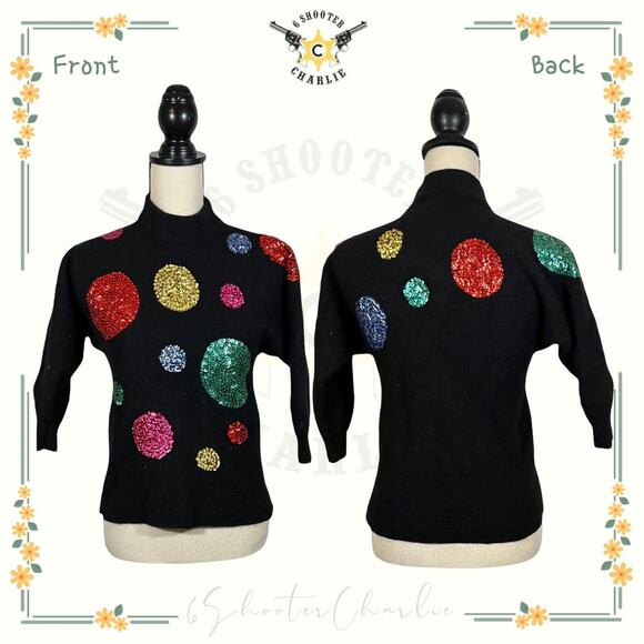 Vintage Eugenia Angenie Sweater XL Angora Wool Blend Fuzzy Black Heavy Sequined - Picture 1 of 6